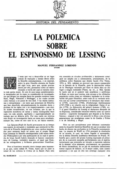 Manuel Fernández Lorenzo, La polémica sobre el espinosismo de Lessing