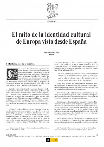 Tomás García López, El mito de la identidad cultural de Europa visto desde España