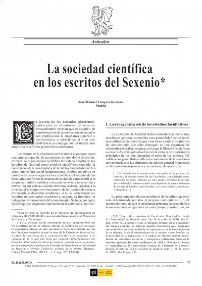 José Manuel Vázquez Romero, La sociedad científica en los escritos del Sexenio